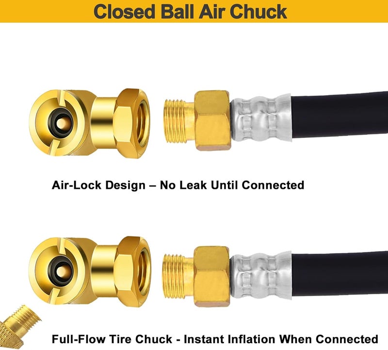 GODESON Heavy Duty Dual Head Air Chuck,Closed Ball Tire Chuck with 1/4 Inch Female NPT and Two Standard Male Quick Plug, Tire Air Fill Kit for Tire Inflator Gauge and Air Compressor - Image 4